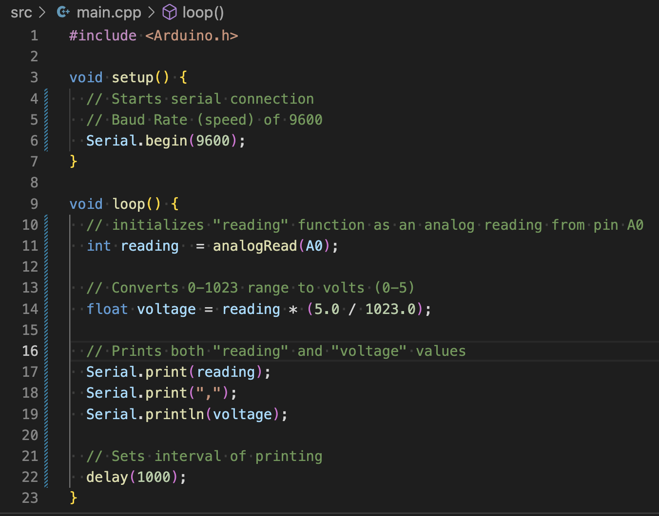 Screenshot of modified code to display "reading" and "voltage"