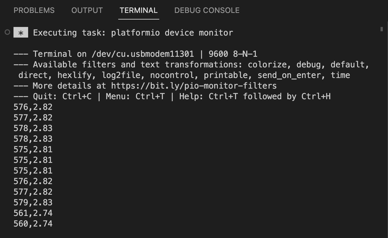 Screenshot of Serial Monitor displaying both "reading" and "voltage" values