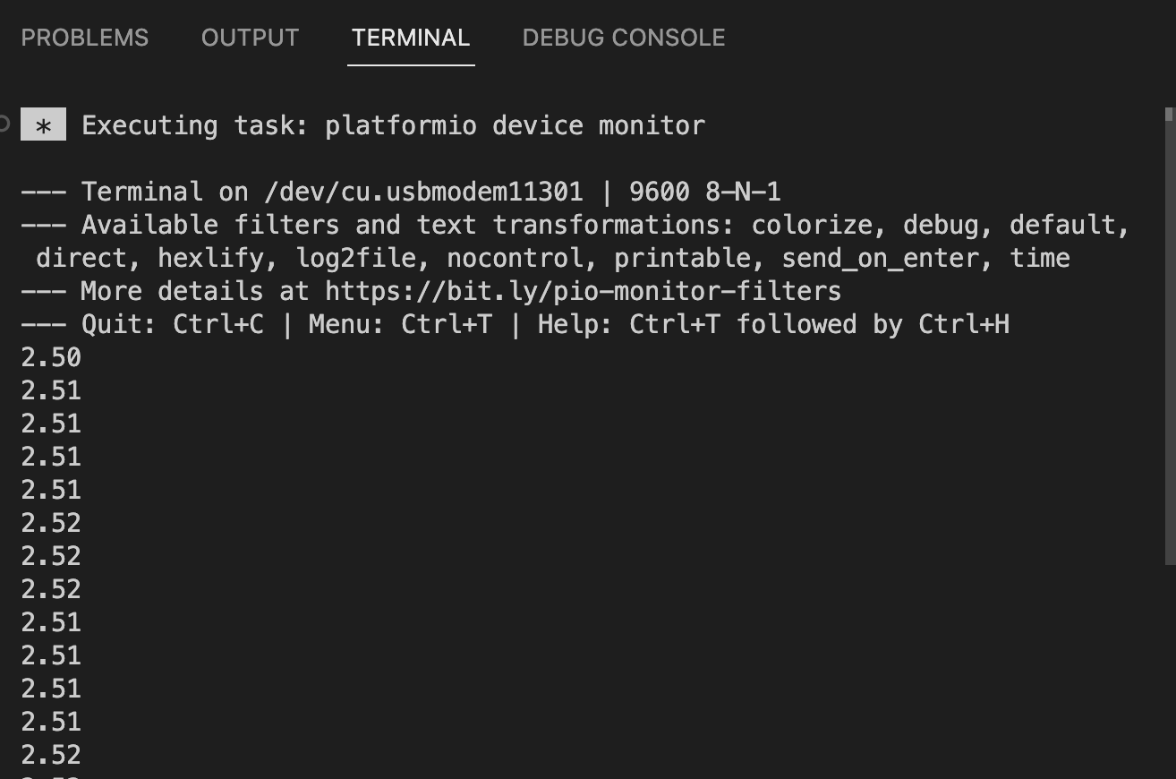 Screenshot of Serial Monitor displaying accurately divided voltage (2.5)