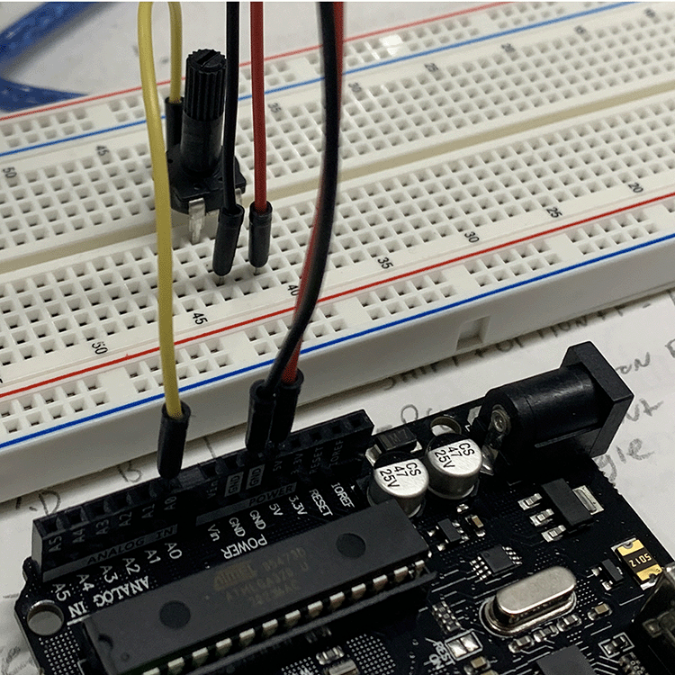 Photo of voltage divider breadboard using a potentiometer