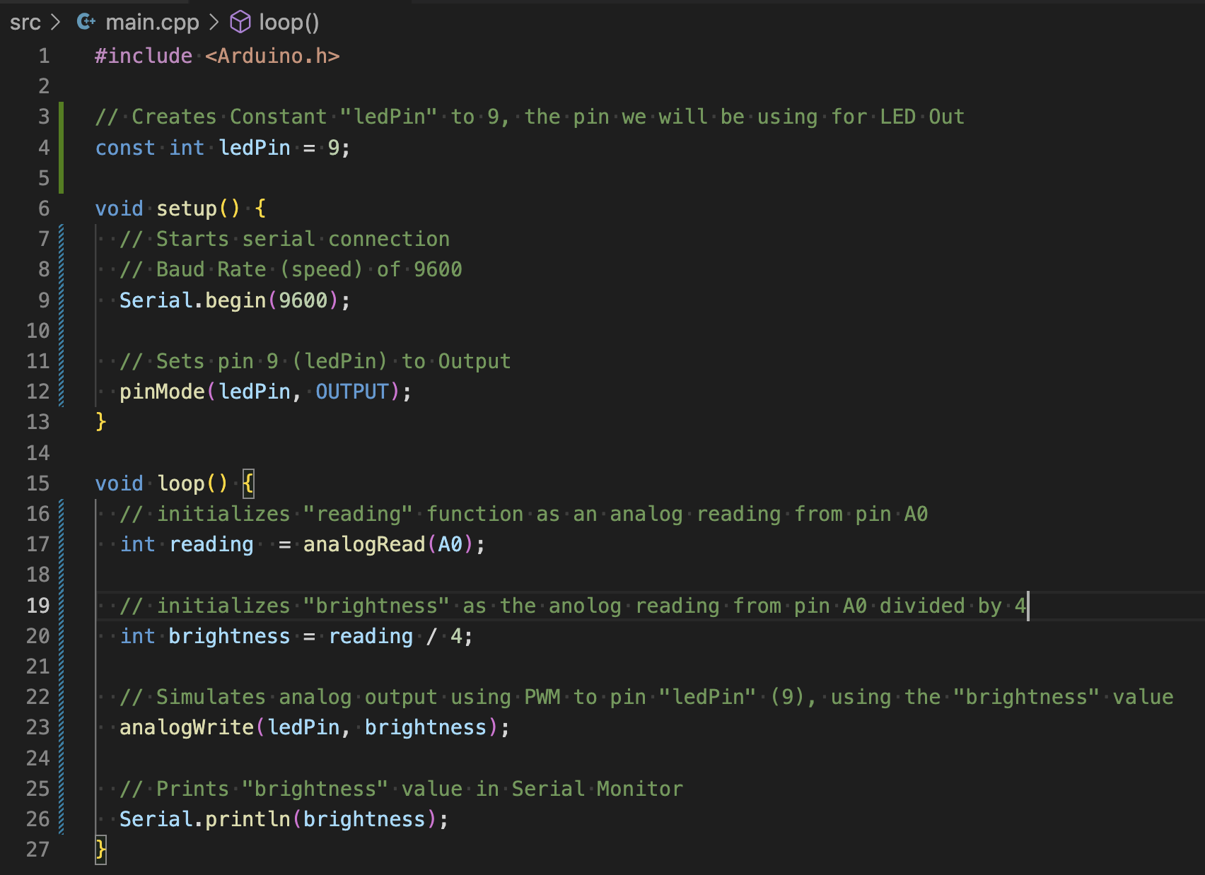 Screenshot of code to control brightness with potentiometer