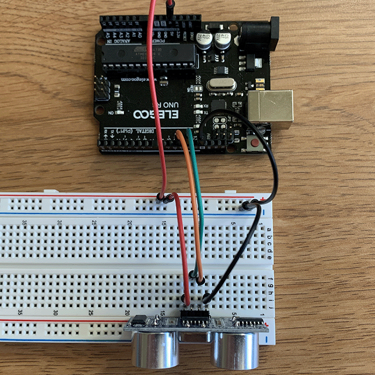 Photo of breaboard wired for ultrasonic sensor