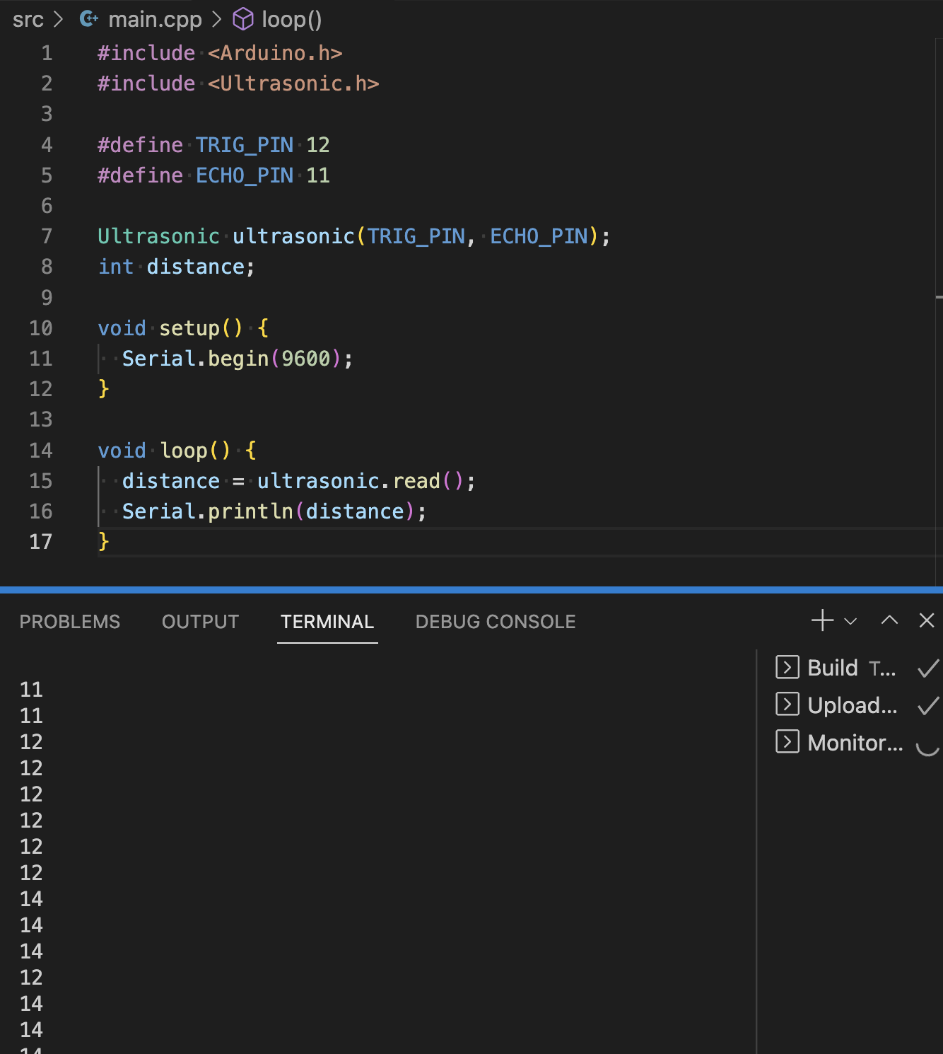 Screenshot of successful distance readings in serial monitor, cm