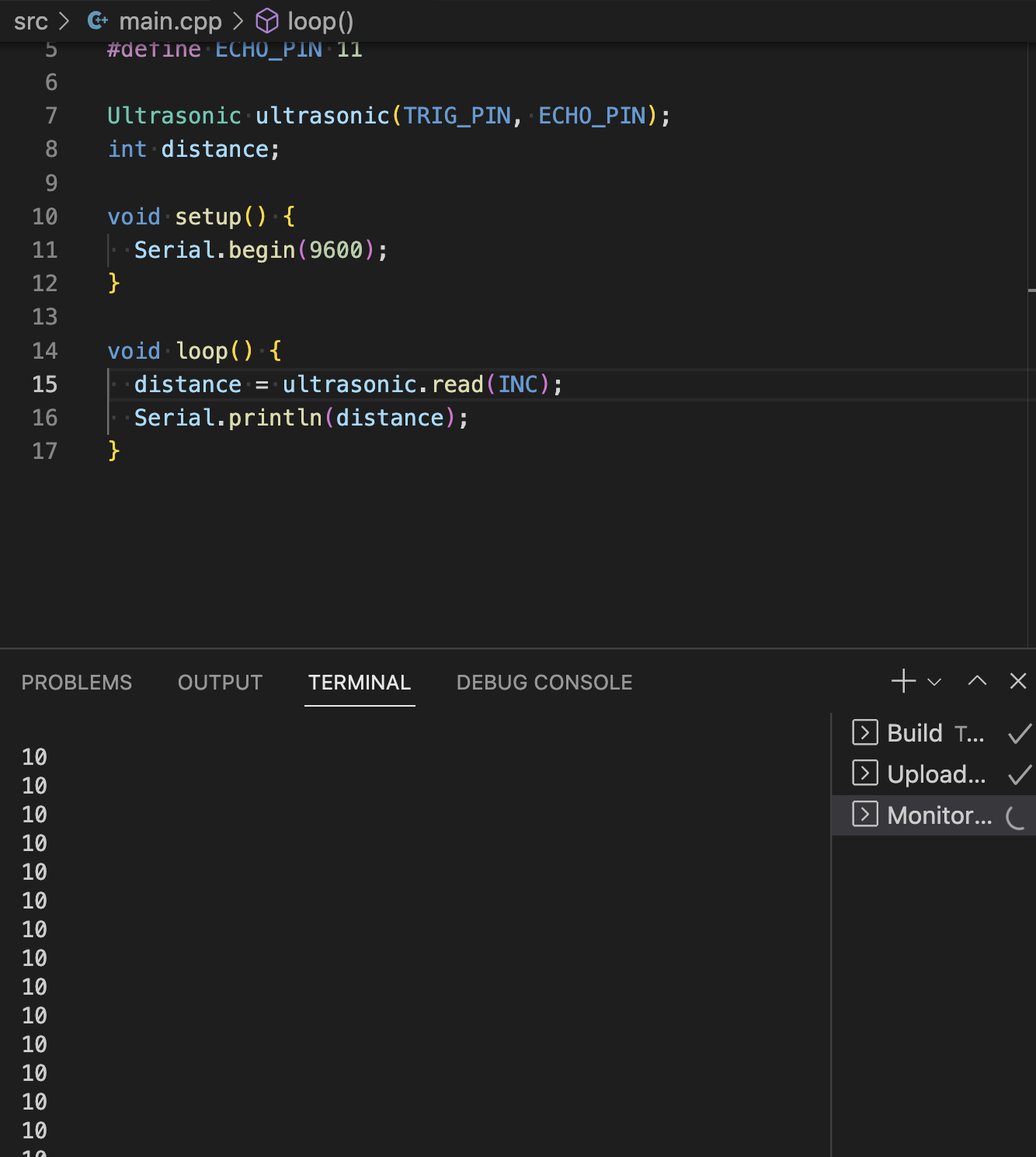 Screenshot of successful distance readings in serial monitor, inches