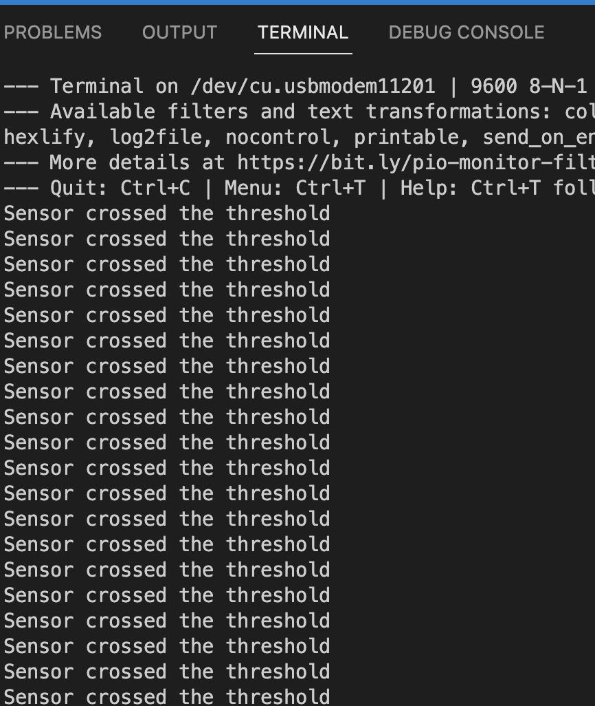 Screenshot of serial monitor accurately displaying threshold message